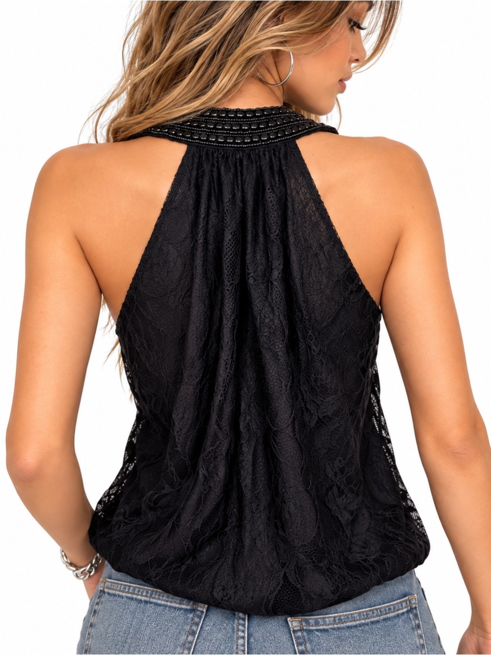 Vintage Y2K Bebe Black Floral Lace Beaded Halter Tank Top Size S - Picture 2 of 10